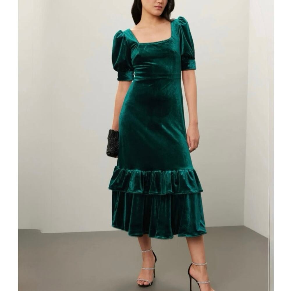 Rachel Parcell Puff Sleeve Midi Dress green velvet  Size XS